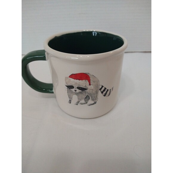 Rae Dunn Bah Humbug Mug Christmas Holiday Green double sided raccoon red hat - Picture 2 of 10